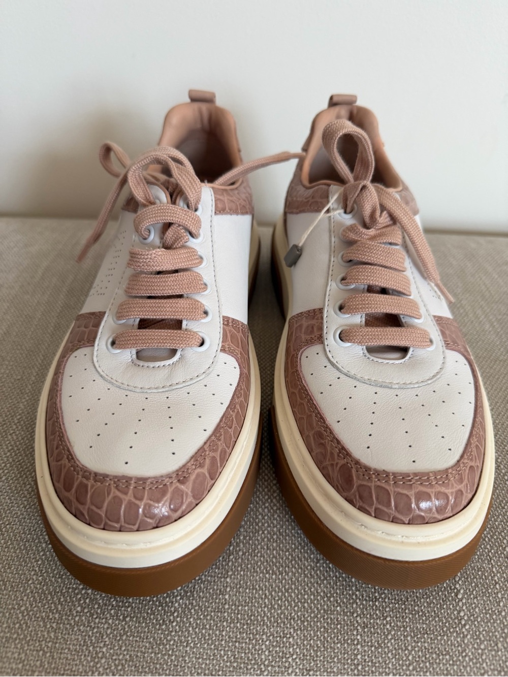 Salvatore Ferragamo NEW Pink, White and Brown Leather Sneakers/ size 8.5 - Picture 3 of 7